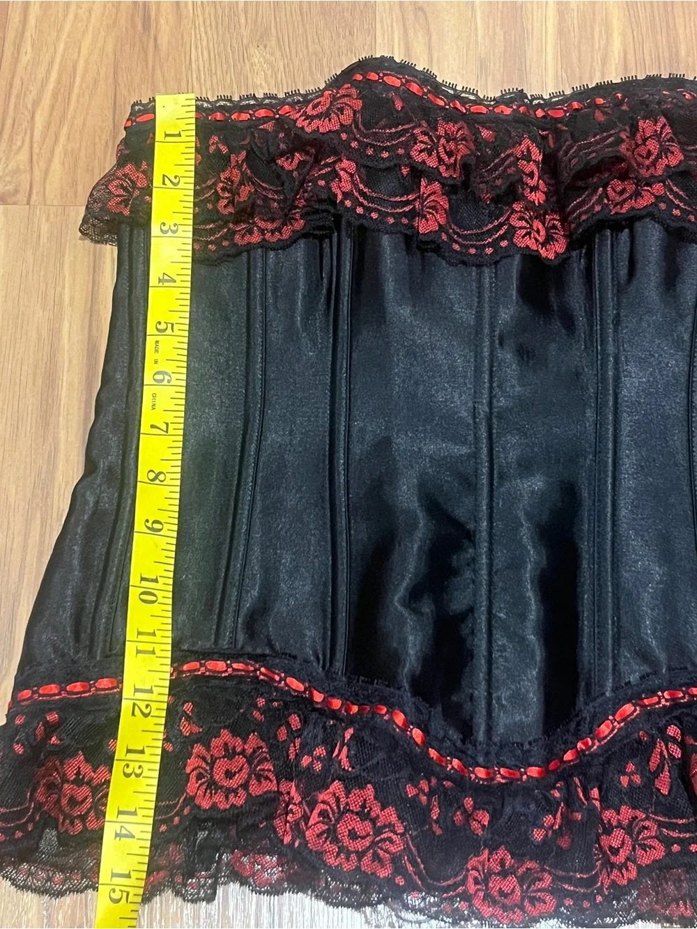 Y2K Gothic Grunge Black Satin Corset Top with Red Ruffle Lace Trim Size M